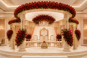 Grand Mandap Indien du Sud Moderne à Trois Poteaux avec Piliers Sculptés en Fibre de Verre Légère pour Décoration d'Événements et Mariages - Product Image 5