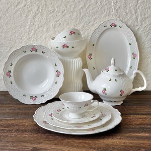 European country style smooth white ceramic dinnerware <b>sets</b> with underglaze pink roses fresh green leaves embossed tiny blossom - Product Image 1