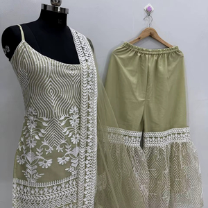 Ensemble palazzo en tulle souple à volants, richement orné, entièrement cousu, tenue de soirée élégante, tenue ethnique pour femme, toutes tailles - Product Image 1
