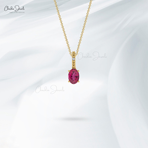 Colgante de oro macizo de 14k con turmalina rosa ovalada de 6x4mm y diamante G-H con engaste oculto, proveedor popular al por mayor - Product Image 6