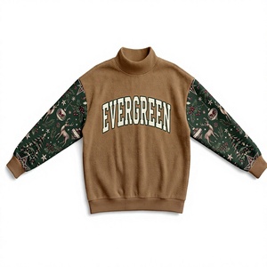 <b>Women</b>’s Festive Oversized Mock Neck <b>Sweatshirt</b> with Green Holly Letter Embroidery and Gingerbread <b>Christmas</b> Print Sleeve - Product Image 3