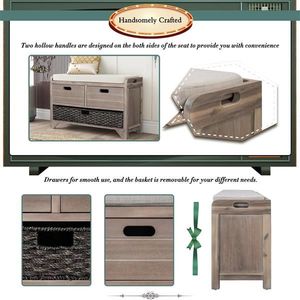 Fully Assembled White Washed Bedroom Furniture Storage Bench with Removable Cushion 2 Drawers Removable Basket - Product Image 6