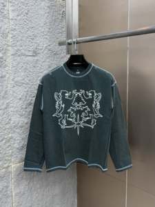 T-shirt à manches longues surdimensionné pour homme avec motif lion, bordure contrastée, col rond, jersey décontracté, tricoté, 100% coton, haut éco-responsable - Product Image 2