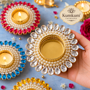 Support de bougie chauffe-plat indien fait main en Kundan, idéal pour Diwali, mariages, Ganesha, temples, décorations festives pour la maison, cadeaux de remerciement et souvenirs. - Product Image 3