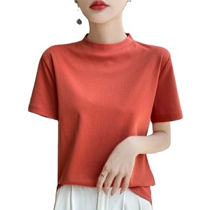 Printemps et automne nouveau T-shirt à manches courtes en coton à col mi-haut pour femmes Joker haut à manches amples bas mince - Product Image 1