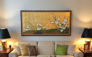 Japanese <b>Art</b> Deco Traditional Gold <b>Leaf</b> & Silk BIOMBO Folding Screen Wall <b>Art</b> Partition for Living Room Dining Room - Product Image 3