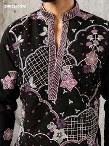 Ensemble Kurta-Pant pour homme de qualité supérieure, style japonais, avec broderies multi-fils et sequins, col en V, coupe courte, achat en ligne en Inde - Product Image 6