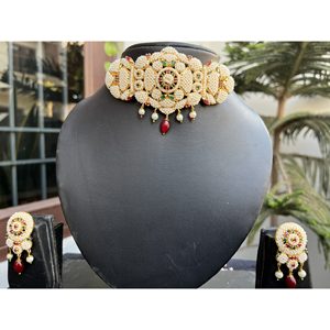 Parure de bijoux ethniques indiens pour femme, collier ras-du-cou multicolore en alliage de zinc, fait main, plaqué or, avec strass et motif floral Jaal Puwai - Product Image 2