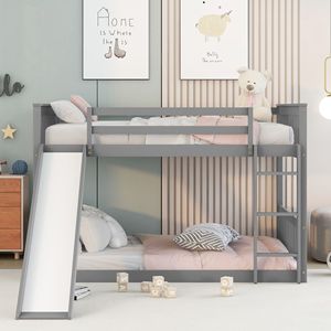 Full Over Full Bunk <b>Bed</b> <b>with</b> <b>Slide</b> and Ladder in Grey Color for Kids - Product Image 5