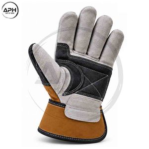 Gants de travail robustes marron, noir et gris avec renfort de paume incurvé, poignet élastique froncé et tissu durable - Product Image 2