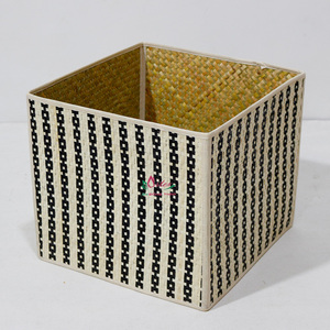 <b>Square</b> Palm Leaf <b>Storage</b> <b>Basket</b> With Black Stripe Pattern Eco-Friendly Rustic Design For Sundries Organization - Product Image 1