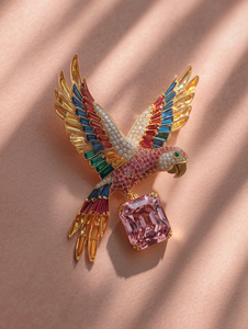 Broche en forme de perroquet doré avec pierres précieuses multicolores et fermoir en cristal rose, bijoux formels unisexes - Product Image 2