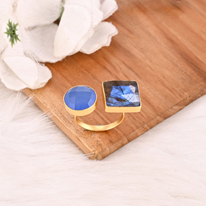 Designer <b>Labradorite</b> & Blue Chalcedony Two Stone <b>Ring</b> Gold Plated Adjustable Fashion Jewelry for Women - Product Image 4