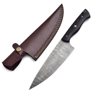 Couteau de chef en acier Damas avec étui en cuir, manche en bois de 12 pouces, style traditionnel, lame forgée, couteau de cuisine ambidextre - Product Image 1