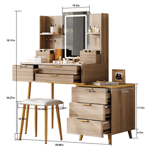 "7-Drawer Lighted <b>Mirror</b> Vanity Desk with Carved Details & Metal Legs Fluted <b>Makeup</b> Table & PU Stool" - Product Image 4