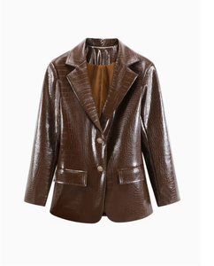 Brown PU Leather Jacket With Turn-down Collar Embossed Crocodile Pattern Single Breasted <b>Men's</b> Smart Casual Autumn Outerwear - Product Image 1