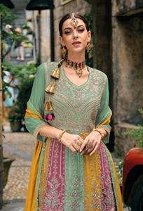 ชุดสูทผู้หญิงทรงปล่อยแบบกึ่งสำเร็จรูป ปักลายด้วยผ้าจอร์เจียตแท้ สำหรับงานแต่งงานและงานดิวาลี - Product Image 4