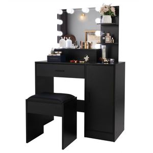 FCH Grand ensemble coiffeuse avec 10 ampoules LED, tabouret rembourré, 3 étagères de rangement, 1 tiroir, 1 armoire - Product Image 6