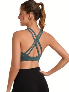 Ladies High Elasticity Running Sports Bra | Seamless <b>Cross</b> Strap Fitness Crop <b>Top</b> | Ribbed Underbust Band Athletic Wear Cami - Product Image 4