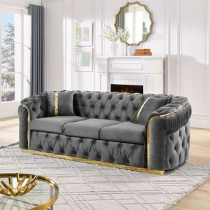 Divano Chesterfield di Lusso da 90,6 Pollici, Set Divano a 3 Posti in Velluto con Bottoni Trapuntati e 2 Accessori in Acciaio Inossidabile Dorato per Soggiorno - Product Image 2