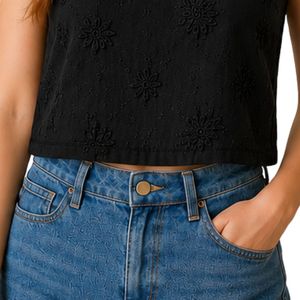 Top Corto Negro con Bordado Floral para Mujer, Chaleco de Verano sin Mangas de Algodón, Logotipo Personalizado, Moda Casual Urbana - Product Image 6