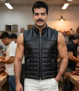 <b>Men</b> <b>Black</b> Quilted Puffer Genuine Leather <b>Vest</b> Winter Waistcoat <b>Black</b> <b>Men's</b> Quilted Puffer Leather <b>Vest</b> - Product Image 4