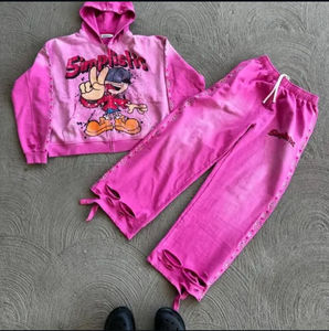 Ensemble de survêtement streetwear pour homme, effet vieilli, délavé à l'acide et effet soleil, 100% coton, comprenant un sweat à capuche zippé et un pantalon de survêtement, orné de strass, coupe ample, hiver - Product Image 1