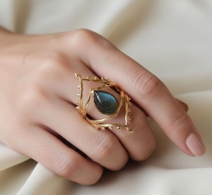 Wholesale Christian Bohemia Natural <b>Labradorite</b> Teardrop <b>Ring</b> 18K Gold Plated Brass Statement Jewelry for Women - Product Image 3