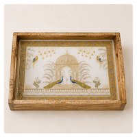 Bandeja de Servicio de Madera Ecológica Hecha a Mano de Lujo para Bodas, con Grabado Floral Dorado, Decorativa e Impermeable