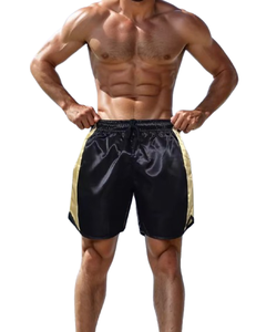 Pantalones cortos de boxeo de satén dorado negro Pantalones cortos de entrenamiento casuales Pantalones cortos de playa para correr con cordón - Product Image 6