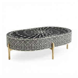Mesa de Centro de Diseño Personalizado de Fábrica, con Incrustaciones de Hueso de Camello Ovaladas, Patrón Óptico Moderno, Resina Negra, Mueble de Lujo para Sala de Estar - Product Image 1