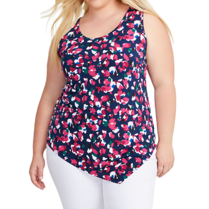 Débardeur pour femmes grandes tailles, tissu jersey, col rond uni, extensible, sans manches, ourlet asymétrique, lavage en machine - Product Image 1