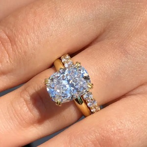 Premium Design 925 Silver Moissanite <b>Cushion</b> Cut Yellow Gold Plated Engagement <b>Ring</b> Set with Round Cut Band for Women's. - Product Image 2