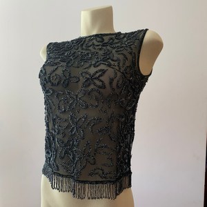 Women Sleeveless Beaded <b>Tank</b> <b>Top</b> Floral <b>Lace</b> Blouse with Fringe Hem Scoop Neck Clubwear Polyester Satin Short - Product Image 5