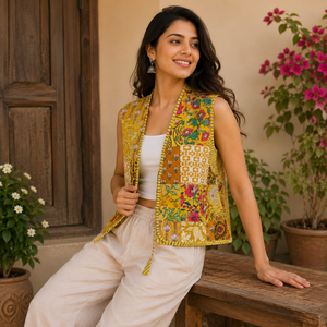 Custom Women's Patchwork Floral Quilted Cotton Sleeveless Vest Bohemian Ethnic <b>Waistcoat</b> Reversible Casual Layering Jacket OEM - Product Image 3
