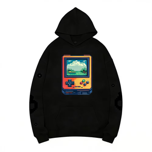 Men Hooded Sweatshirt <b>Black</b> Pixel Game <b>Console</b> Print Casual Wear Regular Fit Knitted Cotton Front Logo Design - Product Image 3