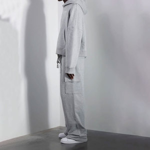 Survêtement à capuche pour hommes grande taille, gris uni, décontracté, sweat-shirt long avec poches latérales, taille élastique, coupe ample, vêtements d'automne - Product Image 5