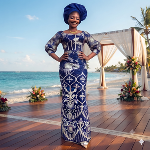 Vestido de Encaje George con Bordado Borgoña |   Vestido Maxi Tradicional Africano de Lujo para Mujer, para Bodas y Fiestas - Product Image 5