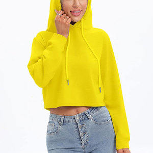 Sweat-shirt à capuche court jaune pour femme, pull uni à manches longues, style décontracté streetwear, haut d'automne - Product Image 1