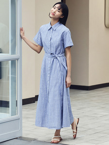 Women's Simple <b>Linen</b>-Look Cotton Striped Shirt <b>Dress</b> Short Sleeve Belted <b>Maxi</b> Shirtdress Casual Button-Down Summer Spring ODM - Product Image 1