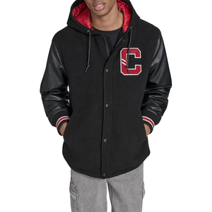 <b>Men's</b> Black Varsity <b>Jacket</b> With Hooded Design <b>Red</b> C Logo Embroidered PU Sleeve Casual Winter Wear Regular Fit - Product Image 1