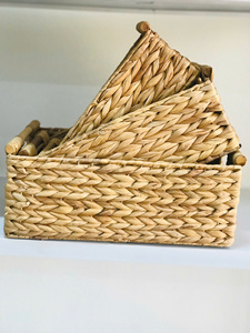 The Set of 3 Water Hyacinth <b>Rectangle</b> <b>Basket</b> with Wooden Handle Multifunction <b>Storage</b> <b>Basket</b> - Product Image 2