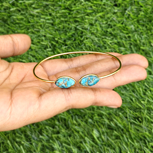 กำไลข้อมือเทอร์ควอยซ์สีน้ำเงินธรรมชาติแบบขายส่ง ทำด้วยมือ ชุบทอง 18k ประดับด้วยหินทรงมาร์คีส์ กำไลแบบเปิดสำหรับผู้หญิง ของขวัญ เครื่องประดับ - Product Image 3