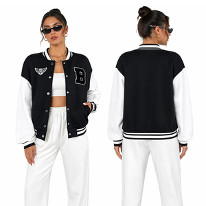 Veste universitaire pour femme, veste de baseball décontractée noire et blanche, veste bomber streetwear, style universitaire, vêtements d'extérieur - Product Image 1