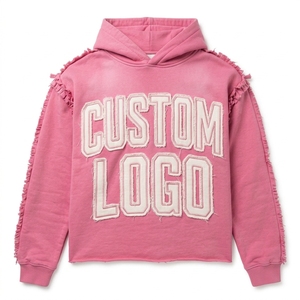 Sweat-shirt à capuche court rose en coton pour homme, style Y2K, tendance, effet vieilli, bords bruts, coupe oversize, streetwear, avec fermeture éclair, vente en gros - Product Image 3