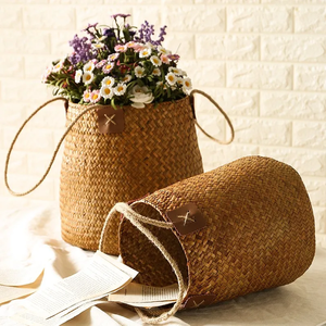 Panier en jonc de mer naturel tressé à la main avec poignées – Sac de rangement polyvalent style bohème vintage pour la décoration intérieure - Product Image 1
