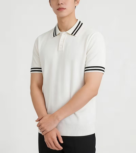 Men's Short Sleeve Solid Color Knitted Polo Shirt Regular Fit White with Black Trim Collar and Cuffs Preppy Style - Product Image 1