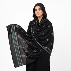 Wholesale <b>Viscose</b> Shawl Black Floral Embroidered Metallic Striped Border Lightweight Breathable Women OEM ODM Custom - Product Image 3