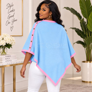 Cosh International Sorority Sisterhood Light Blue Pink Trim Knitted Poncho With Buttons O-Neck Casual Wear Sweater - Product Image 5