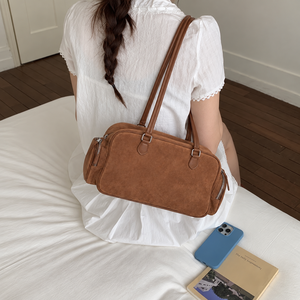 <b>Brown</b> Suede Women Saddle Bag Shoulder Handbag Zipper Closure Large Capacity Vintage Travel Purse Fashion Party Daily Use - Product Image 4